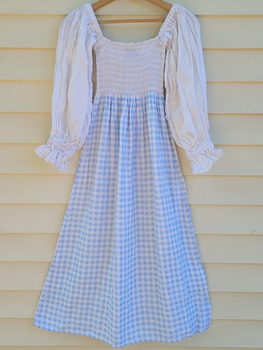 Sleeper Atlanta Gingham Smocked Linen Midi Dress in Blue & White Womens Small
